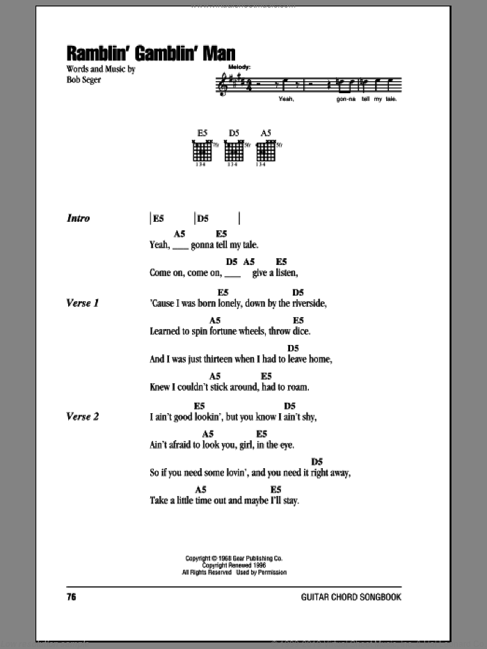 Ramblin' Gamblin' Man sheet music for guitar (chords) by Bob Seger, intermediate skill level