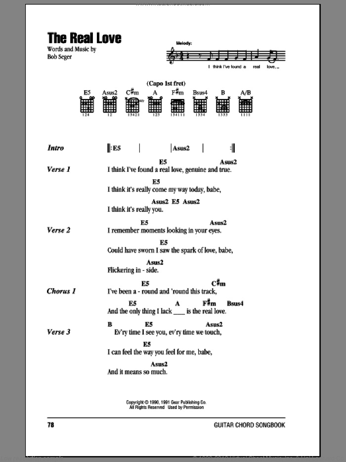 The Real Love sheet music for guitar (chords) by Bob Seger, intermediate skill level