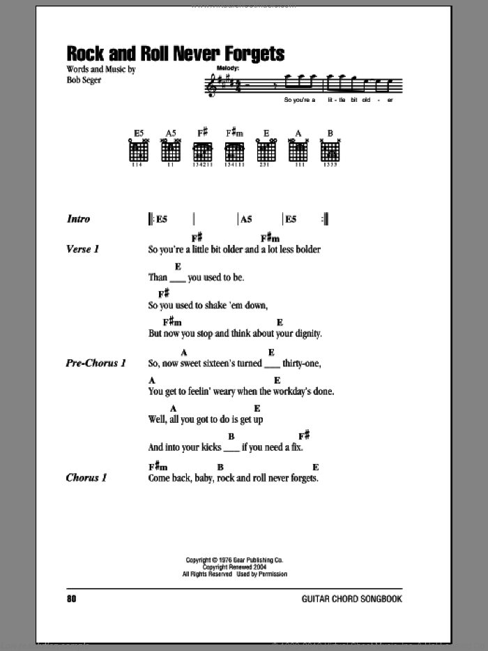 Rock And Roll Never Forgets sheet music for guitar (chords) by Bob Seger, intermediate skill level
