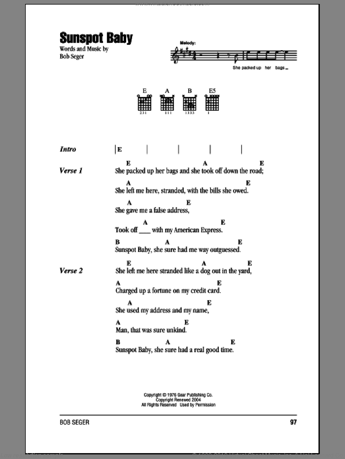 Sunspot Baby sheet music for guitar (chords) by Bob Seger, intermediate skill level