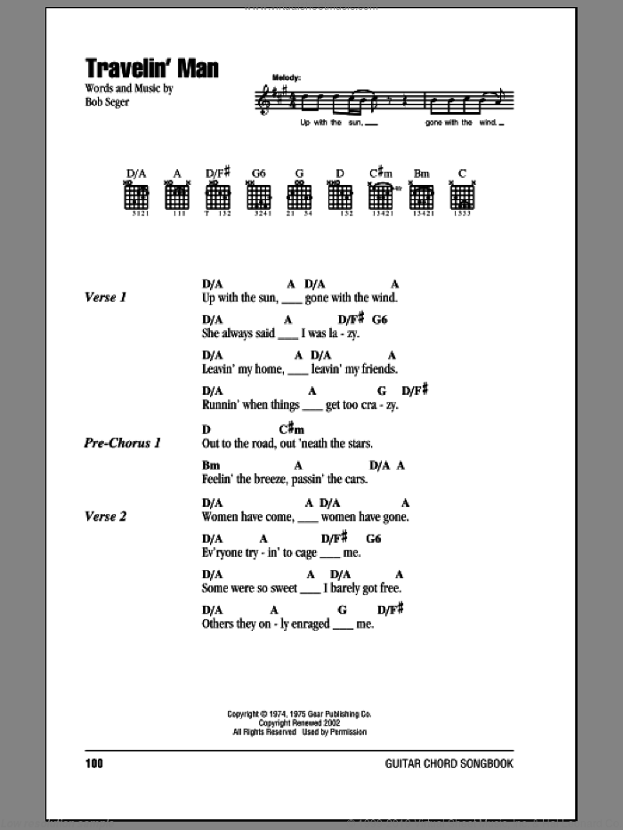 Travelin' Man sheet music for guitar (chords) by Bob Seger, intermediate skill level