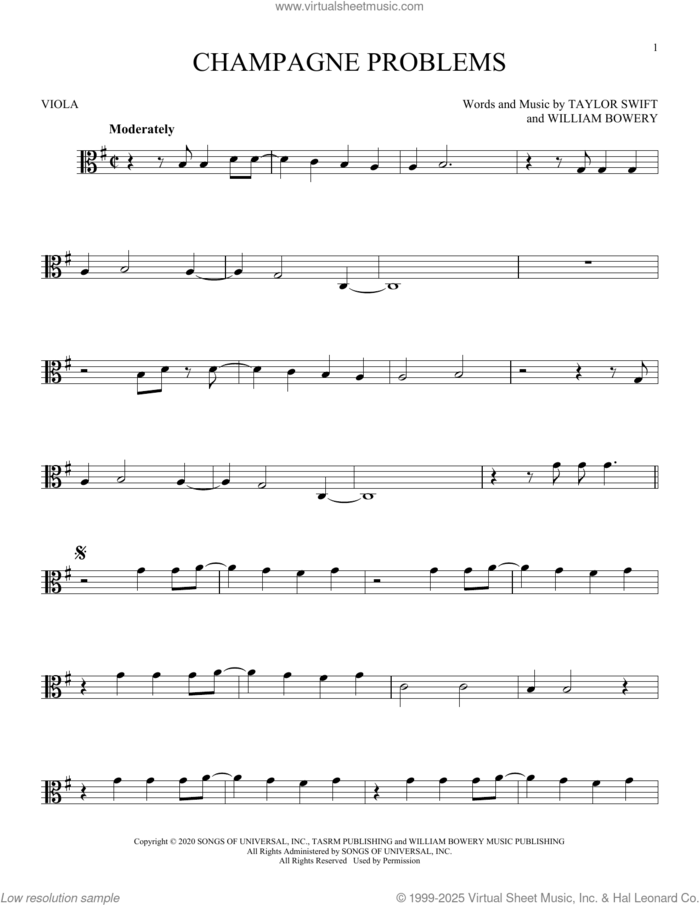 champagne problems sheet music for viola solo by Taylor Swift and William Bowery, intermediate skill level
