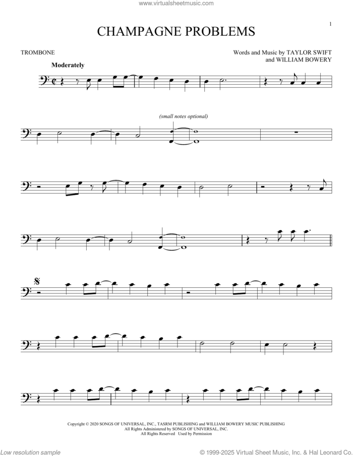 champagne problems sheet music for trombone solo by Taylor Swift and William Bowery, intermediate skill level