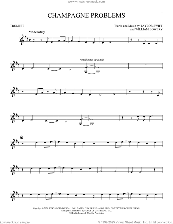 champagne problems sheet music for trumpet solo by Taylor Swift and William Bowery, intermediate skill level