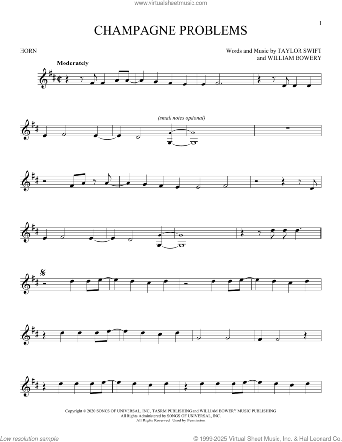 champagne problems sheet music for horn solo by Taylor Swift and William Bowery, intermediate skill level