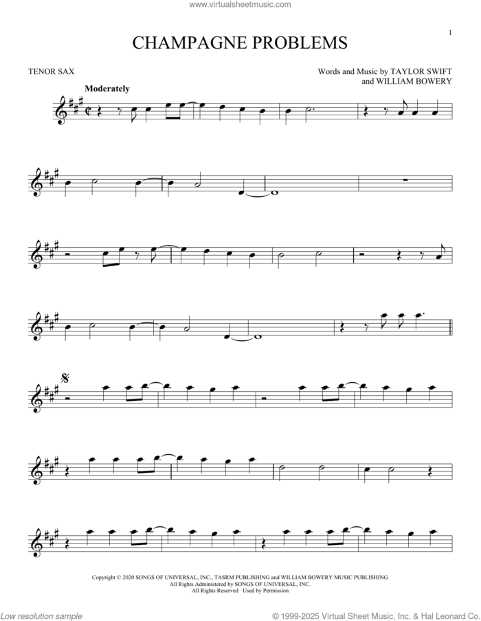 champagne problems sheet music for tenor saxophone solo by Taylor Swift and William Bowery, intermediate skill level