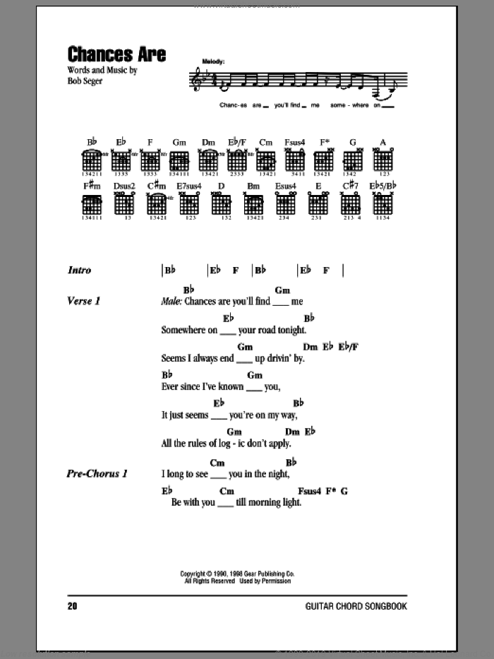 Chances Are sheet music for guitar (chords) by Bob Seger, intermediate skill level