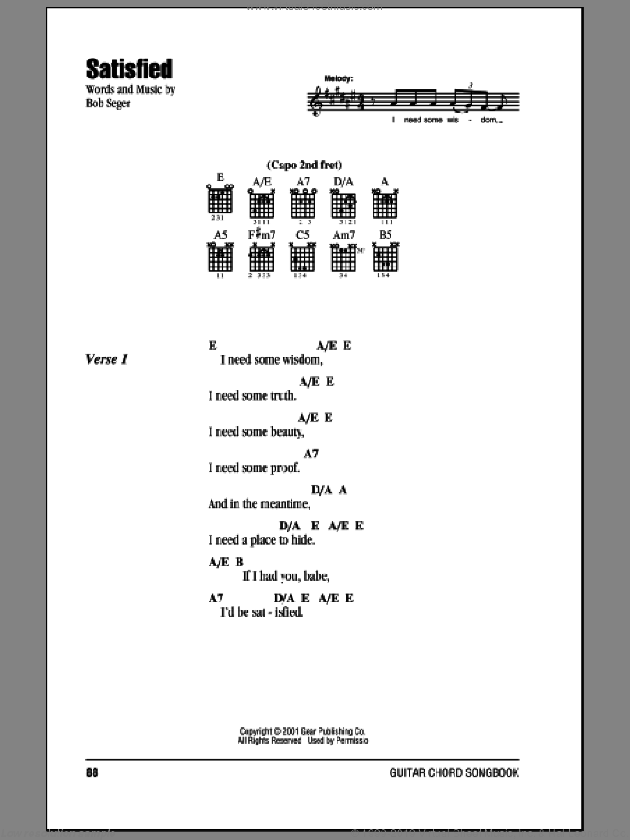 Satisfied sheet music for guitar (chords) by Bob Seger, intermediate skill level