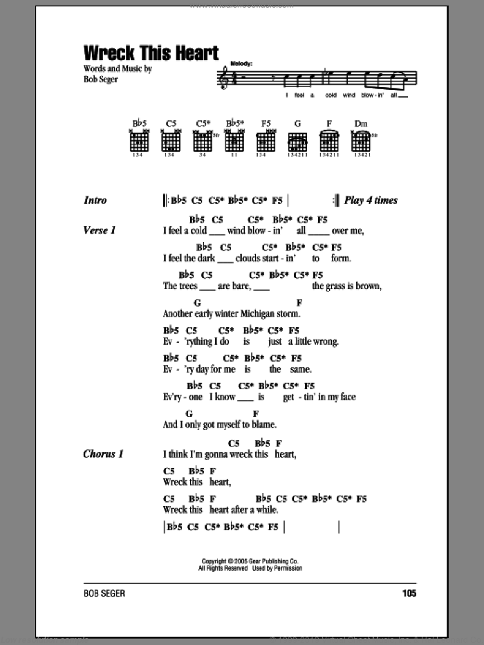 Wreck This Heart sheet music for guitar (chords) by Bob Seger, intermediate skill level
