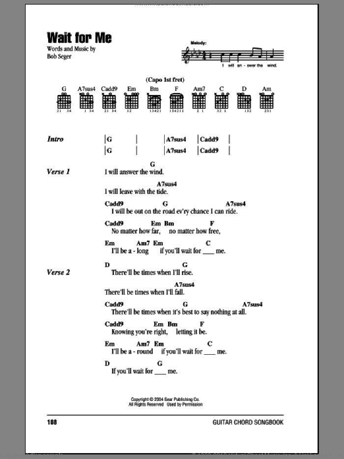 Wait For Me sheet music for guitar (chords) by Bob Seger, intermediate skill level