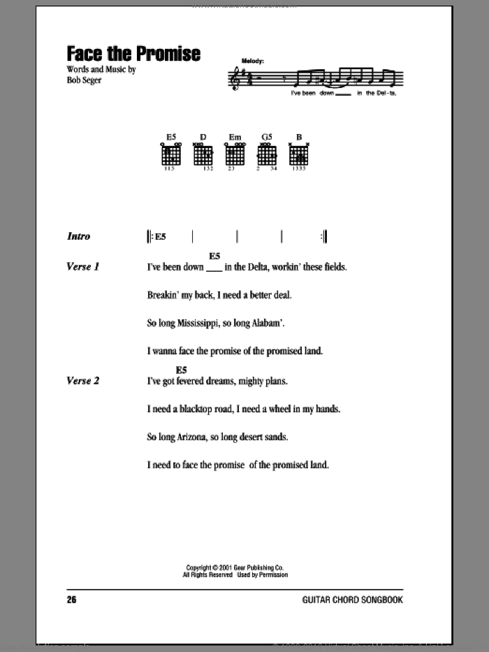 Face The Promise sheet music for guitar (chords) by Bob Seger, intermediate skill level