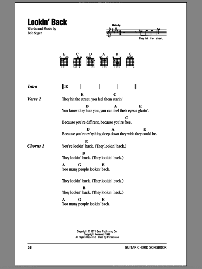 Lookin' Back sheet music for guitar (chords) by Bob Seger, intermediate skill level