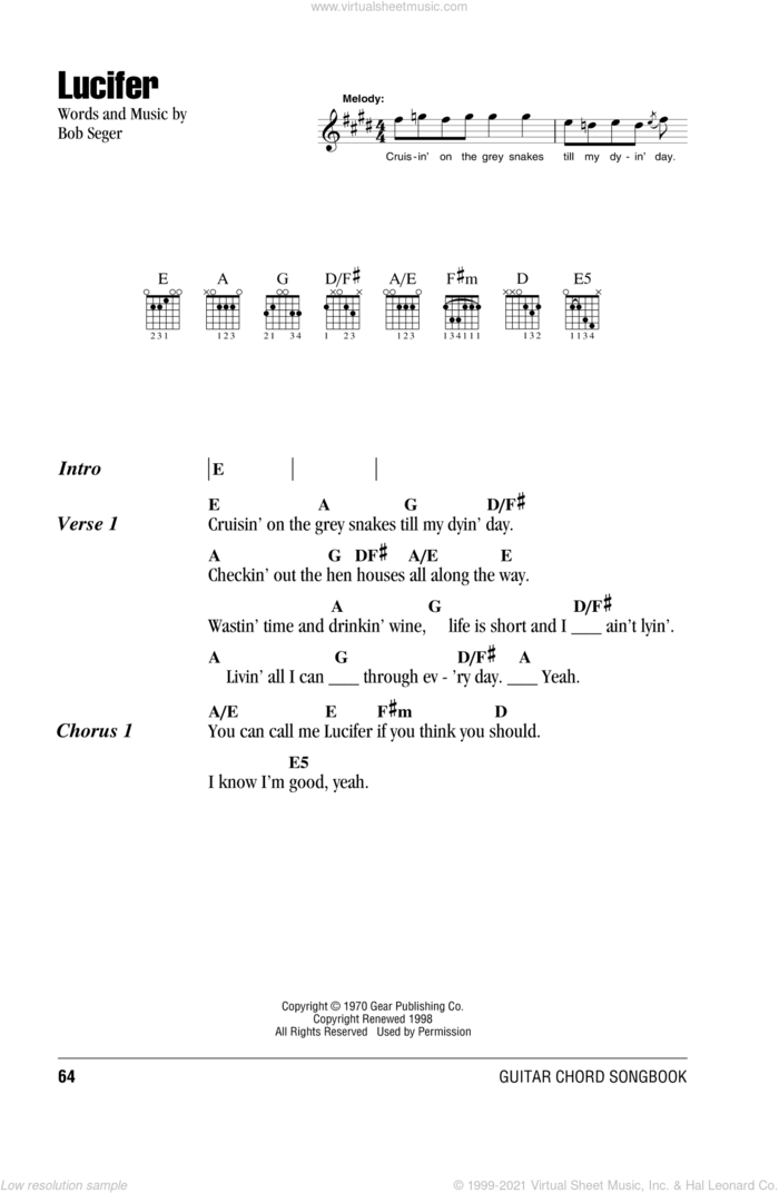 Lucifer sheet music for guitar (chords) by Bob Seger, intermediate skill level
