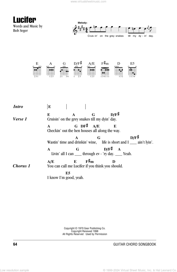 Lucifer sheet music for guitar (chords) by Bob Seger, intermediate skill level