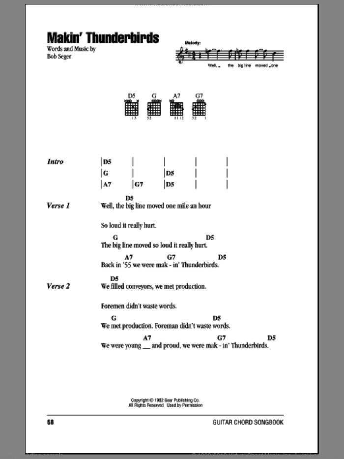 Makin' Thunderbirds sheet music for guitar (chords) by Bob Seger, intermediate skill level
