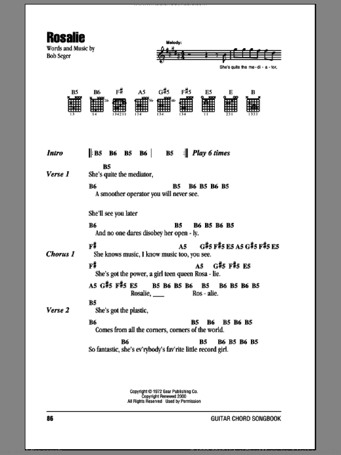 Rosalie sheet music for guitar (chords) by Bob Seger, intermediate skill level