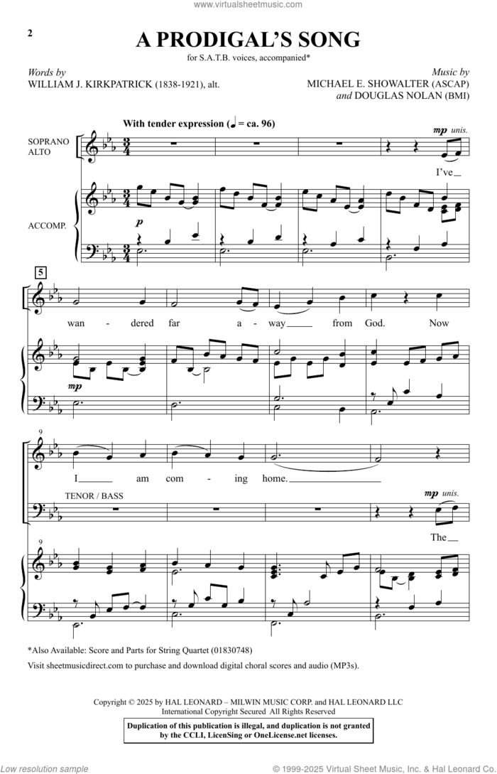A Prodigal's Song sheet music for choir (SATB: soprano, alto, tenor, bass) by Douglas Nolan, William J. Kirkpatrick, Michael E. Showalter and Michael E. Showalter and Douglas Nolan, intermediate skill level