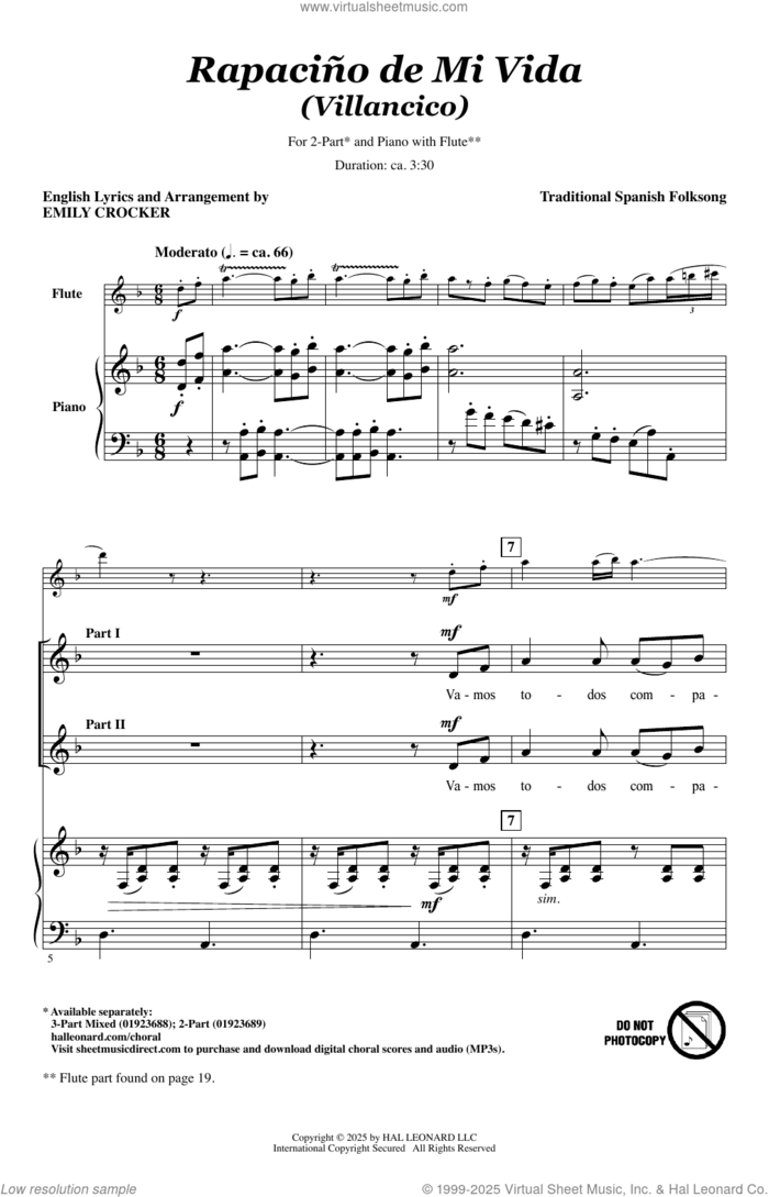 Rapacino De Mi Vida (Villancico) (arr. Emily Crocker) sheet music for choir (2-Part) by Emily Crocker and Traditional Spanish Folk Song, intermediate duet