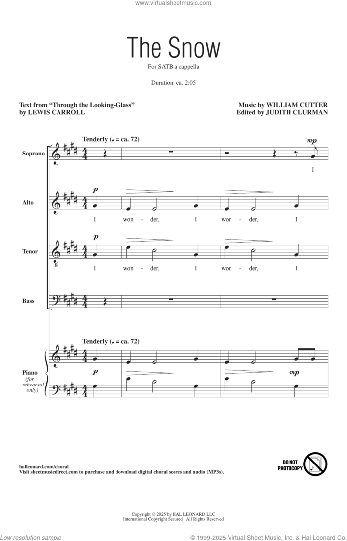 The Snow sheet music for choir (SATB: soprano, alto, tenor, bass) by William Cutter, Lewis Carroll and Judith Clurman, intermediate skill level