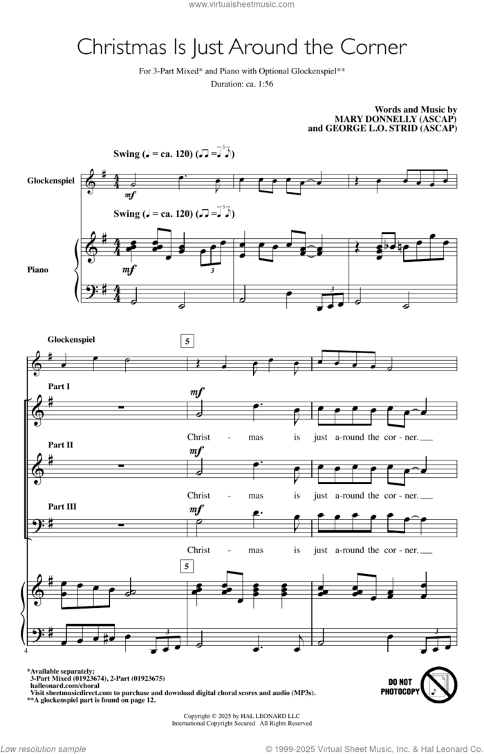 Christmas Is Just Around The Corner sheet music for choir (3-Part Mixed) by Mary Donnelly, George L.O. Strid and Mary Donnelly & George L.O. Strid, intermediate skill level