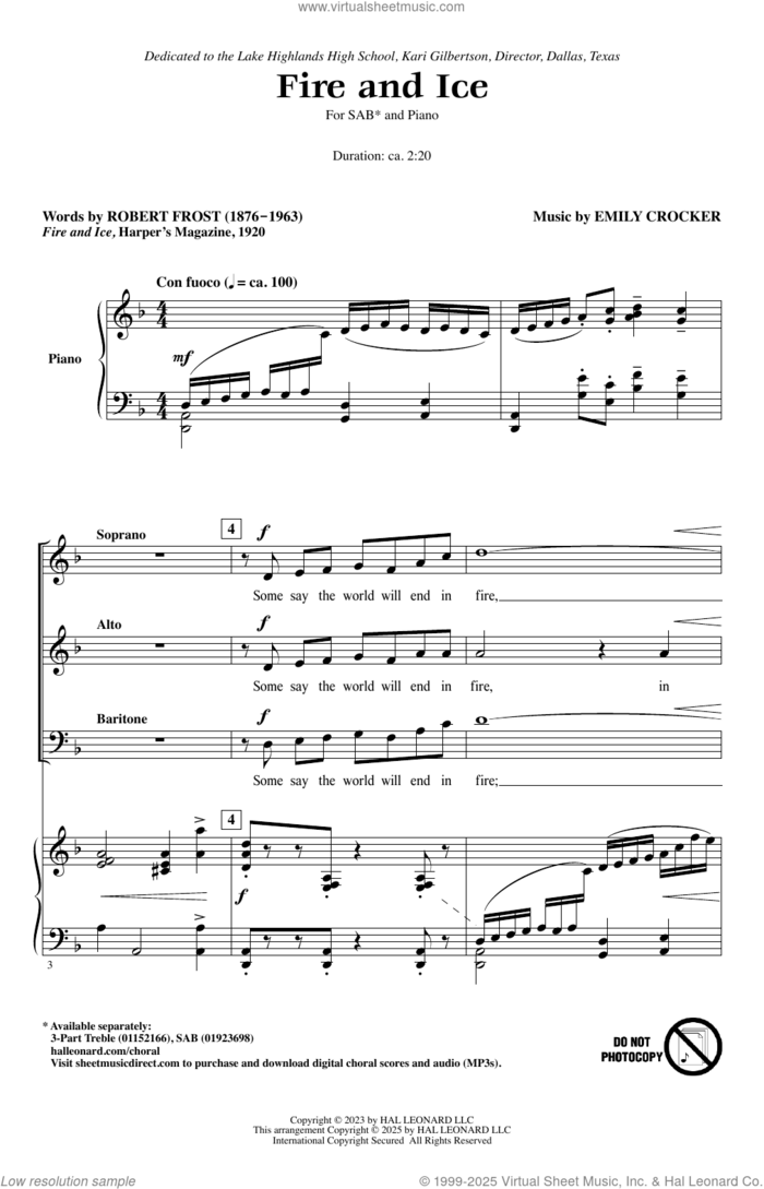 Fire And Ice sheet music for choir (SAB: soprano, alto, bass) by Emily Crocker and Robert Frost, intermediate skill level