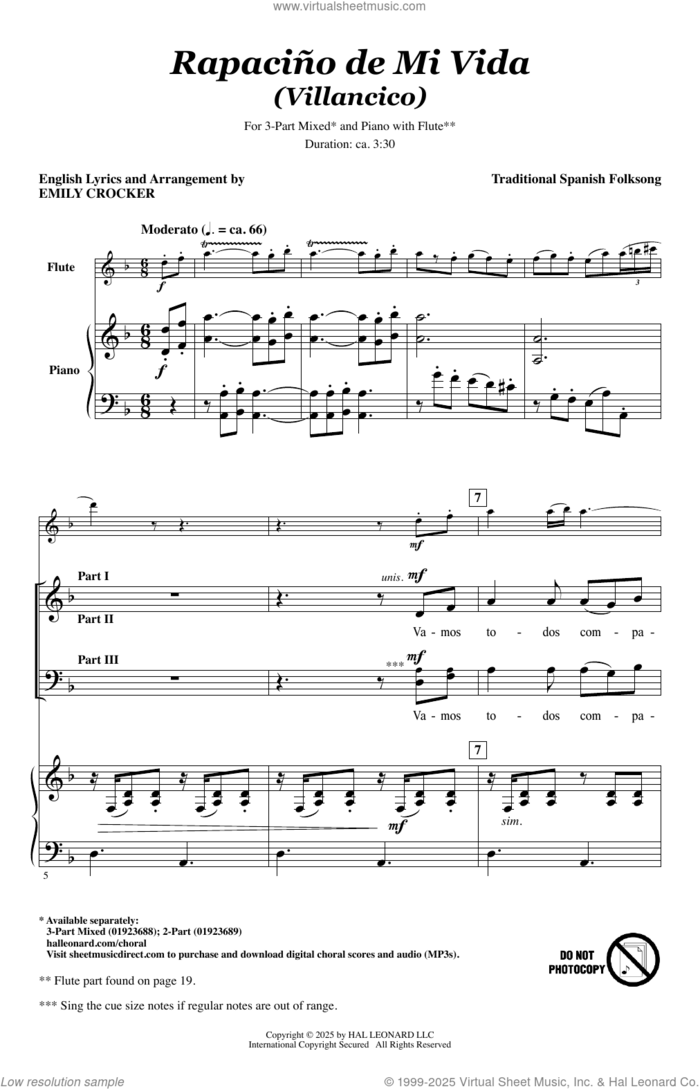 Rapacino De Mi Vida (Villancico) (arr. Emily Crocker) sheet music for choir (3-Part Mixed) by Emily Crocker and Traditional Spanish Folk Song, intermediate skill level