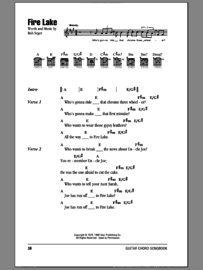 Fire Lake sheet music for guitar (chords) by Bob Seger, intermediate skill level