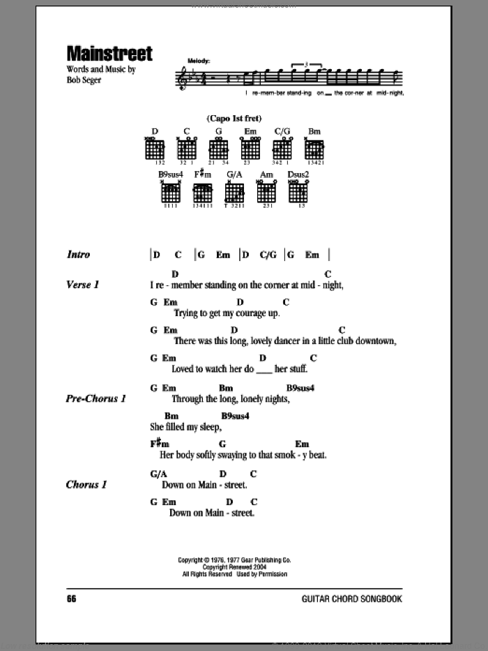 Mainstreet sheet music for guitar (chords) by Bob Seger, intermediate skill level