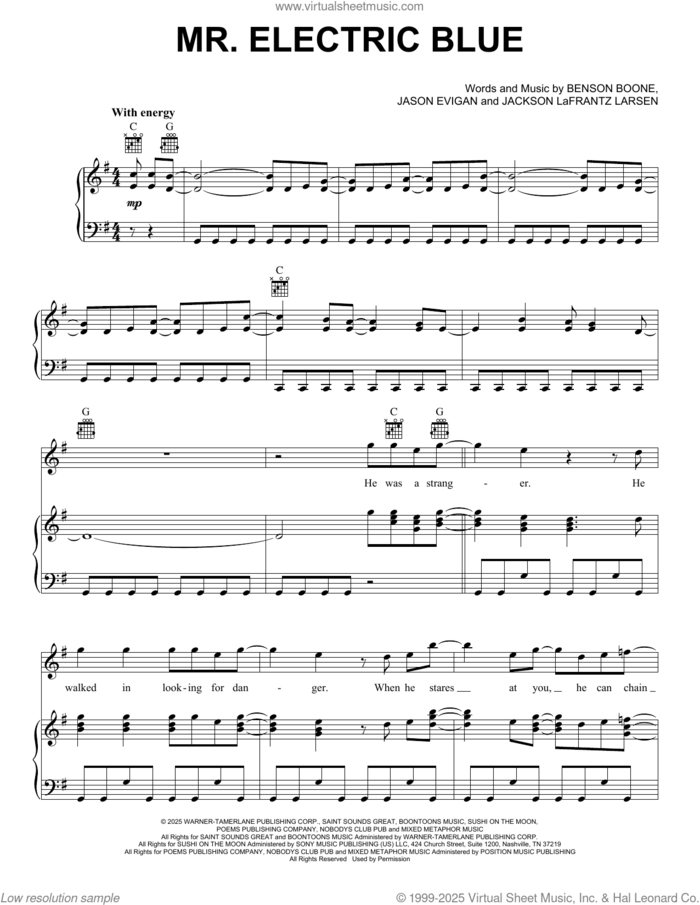 Mr. Electric Blue sheet music for voice, piano or guitar by Benson Boone, Jackson Lafrantz Larsen and Jason Evigan, intermediate skill level