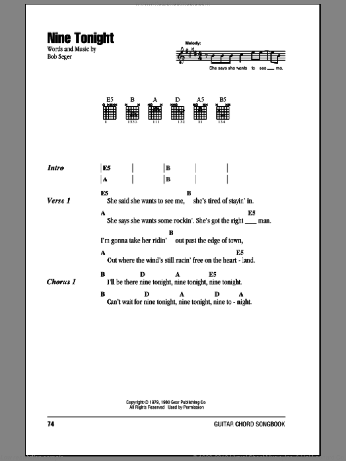 Nine Tonight sheet music for guitar (chords) by Bob Seger, intermediate skill level