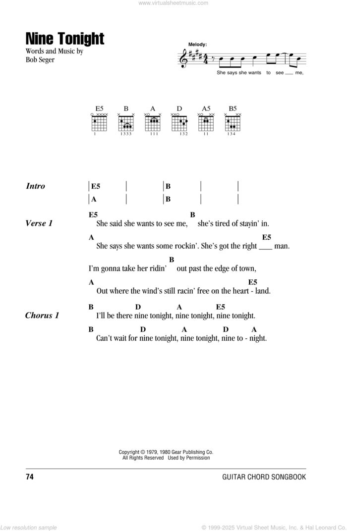 Nine Tonight sheet music for guitar (chords) by Bob Seger, intermediate skill level