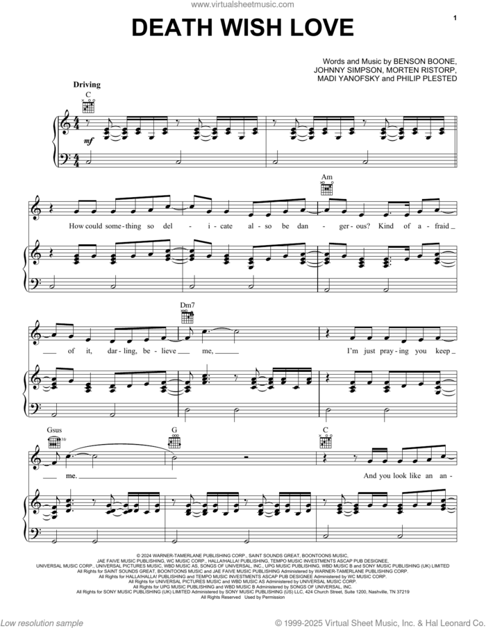 Death Wish Love (from Twisters) sheet music for voice, piano or guitar by Benson Boone, Johnny Simpson, Madi Yanofsky, Morten Ristorp and Philip Plested, intermediate skill level