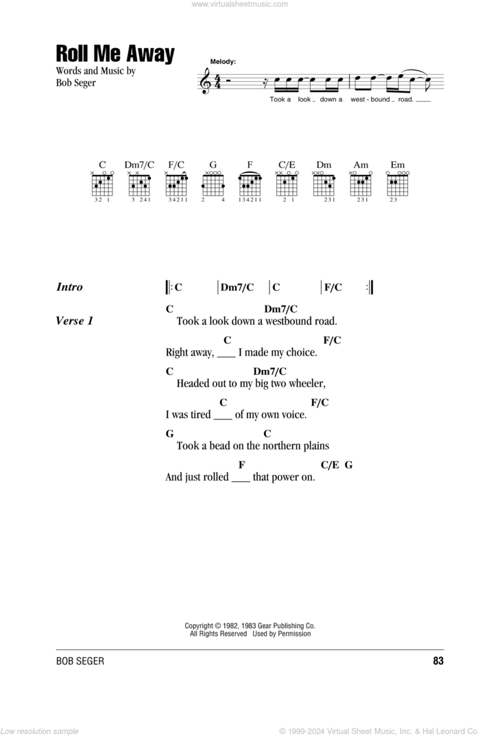 Roll Me Away sheet music for guitar (chords) by Bob Seger, intermediate skill level