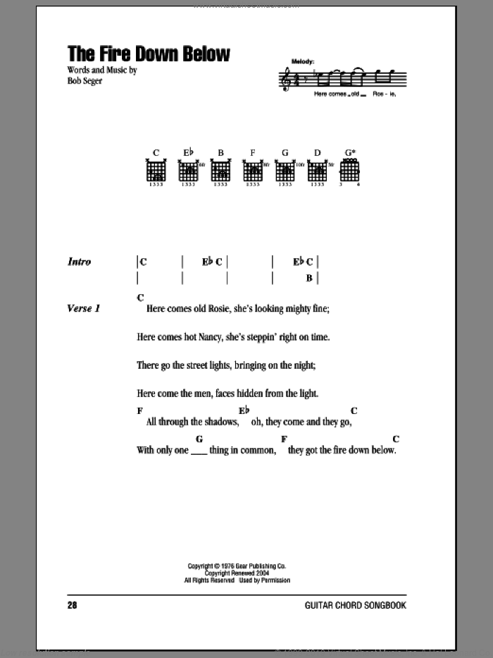 The Fire Down Below sheet music for guitar (chords) by Bob Seger, intermediate skill level