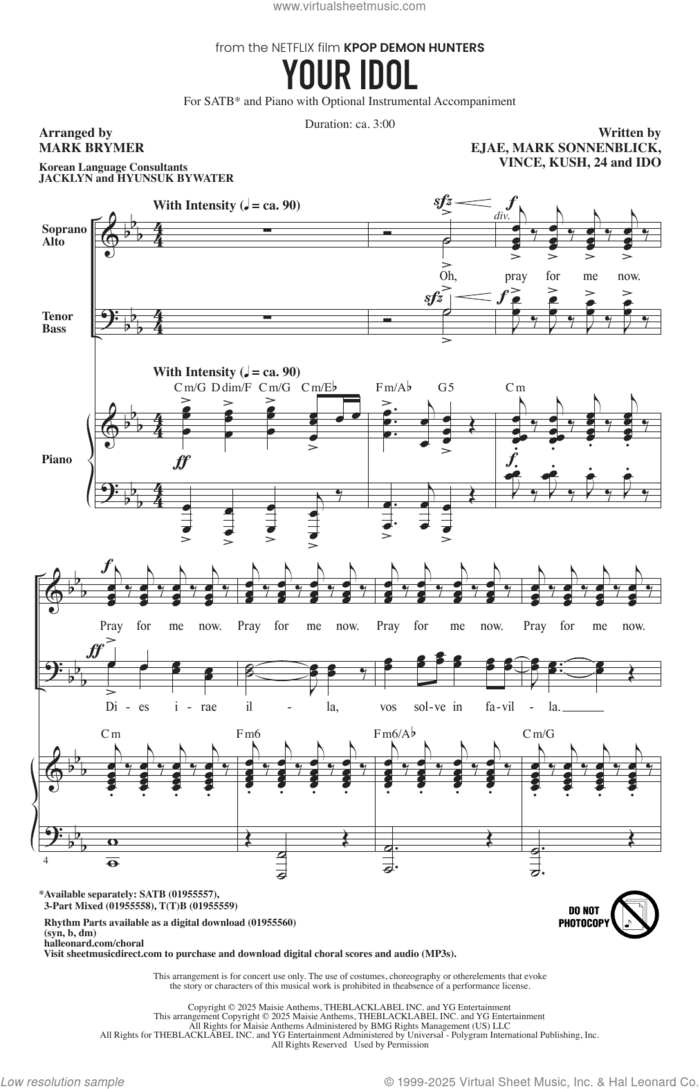 Your Idol (from KPop Demon Hunters) (arr. Mark Brymer) sheet music for choir (SATB: soprano, alto, tenor, bass) by Saja Boys, Mark Brymer, 24, Ejae (Aka Kim Eun-Jae), Ido, Kush (aka Byoung-hoon Kim), Mark Sonnenblick and Vince (aka Joe Rhee), intermediate skill level