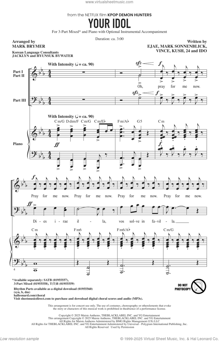 Your Idol (from KPop Demon Hunters) (arr. Mark Brymer) sheet music for choir (3-Part Mixed) by Saja Boys, Mark Brymer, 24, Ejae (Aka Kim Eun-Jae), Ido, Kush (aka Byoung-hoon Kim), Mark Sonnenblick and Vince (aka Joe Rhee), intermediate skill level