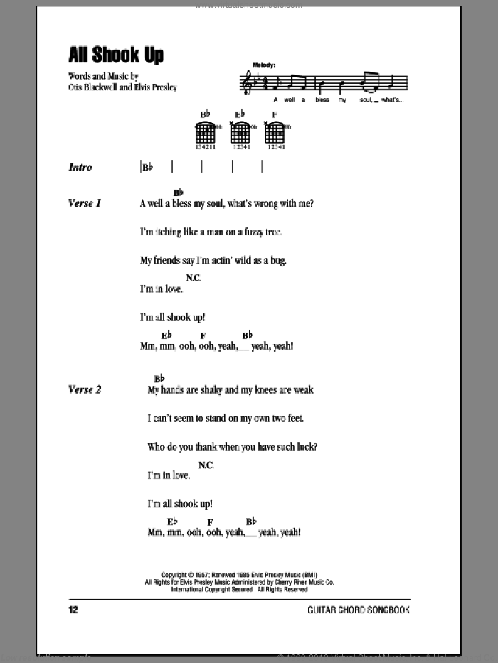 All Shook Up sheet music for guitar (chords) by Elvis Presley and Otis Blackwell, intermediate skill level