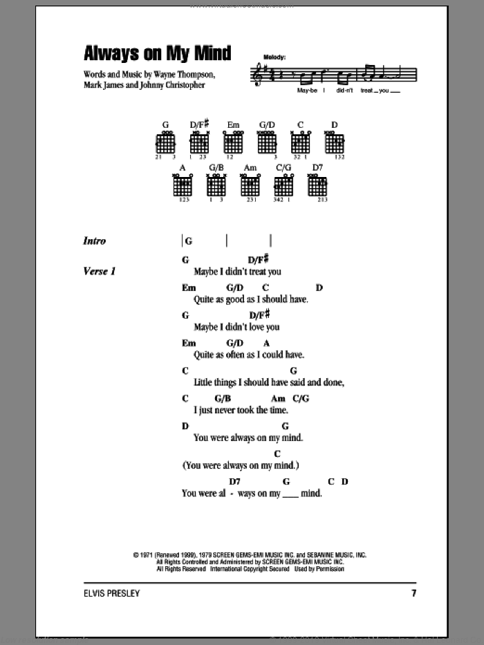 Always On My Mind sheet music for guitar (chords) by Elvis Presley, Willie Nelson, Johnny Christopher, Mark James and Wayne Thompson, intermediate skill level