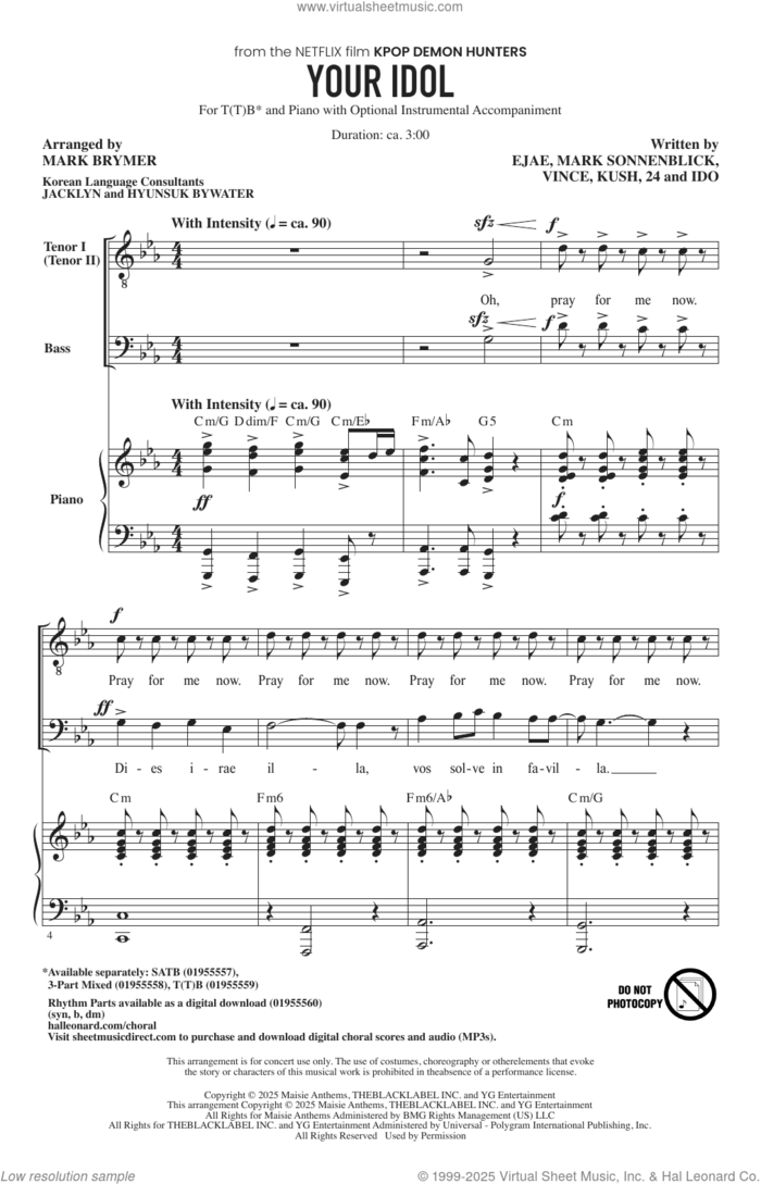 Your Idol (from KPop Demon Hunters) (arr. Mark Brymer) sheet music for choir (t(t)b) by Saja Boys, Mark Brymer, 24, Ejae (Aka Kim Eun-Jae), Ido, Kush (aka Byoung-hoon Kim), Mark Sonnenblick and Vince (aka Joe Rhee), intermediate skill level