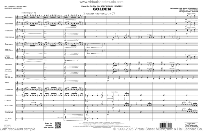 Golden (from KPop Demon Hunters) (arr. Paul Murtha) (COMPLETE) sheet music for marching band by Paul Murtha, 24, Ejae (Aka Kim Eun-Jae), Huntr/x (Ejae, Audrey Nuna and Rei Ami), Ido, Mark Sonnenblick and Teddy Park (Aka Park Hong-Jun), intermediate skill level
