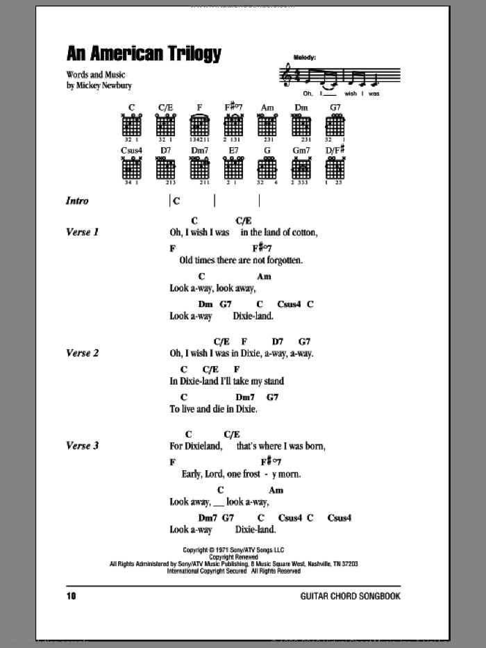 An American Trilogy sheet music for guitar (chords) by Elvis Presley and Mickey Newbury, intermediate skill level