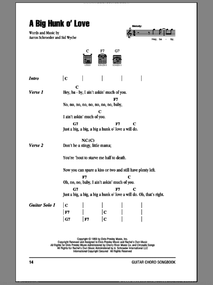 A Big Hunk O' Love sheet music for guitar (chords) by Elvis Presley, Aaron Schroeder and Sid Wyche, intermediate skill level