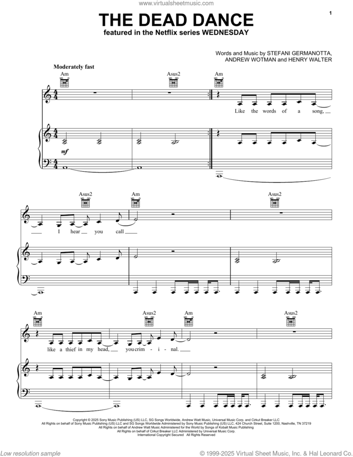 The Dead Dance (from Wednesday) sheet music for voice, piano or guitar by Lady Gaga, Andrew Wotman (Andrew Watt) and Henry Walter, intermediate skill level