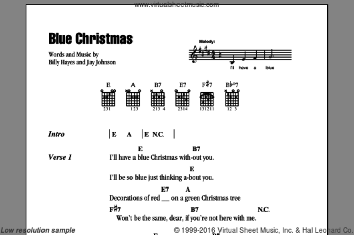 Blue Christmas sheet music for guitar (chords) by Elvis Presley, Billy Hayes and Jay Johnson, intermediate skill level
