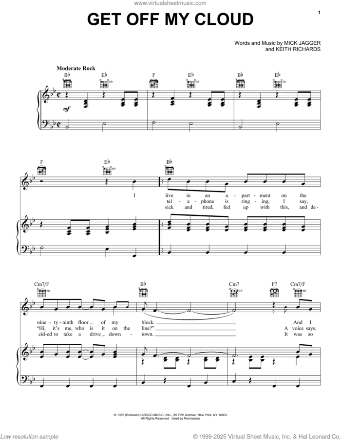 Get Off My Cloud sheet music for voice, piano or guitar by The Rolling Stones, Keith Richards and Mick Jagger, intermediate skill level
