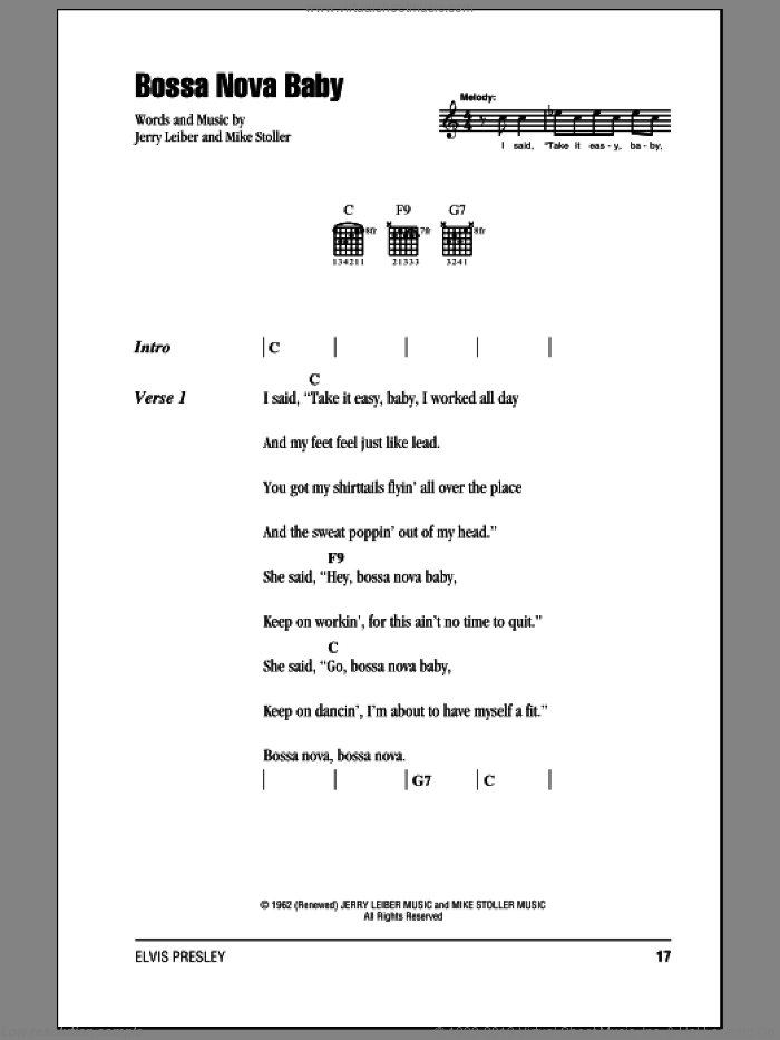 Bossa Nova Baby sheet music for guitar (chords) by Elvis Presley, Leiber & Stoller, Jerry Leiber and Mike Stoller, intermediate skill level
