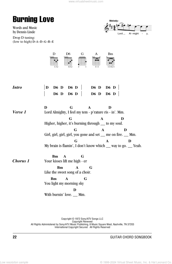 Burning Love sheet music for guitar (chords) by Elvis Presley and Dennis Linde, intermediate skill level