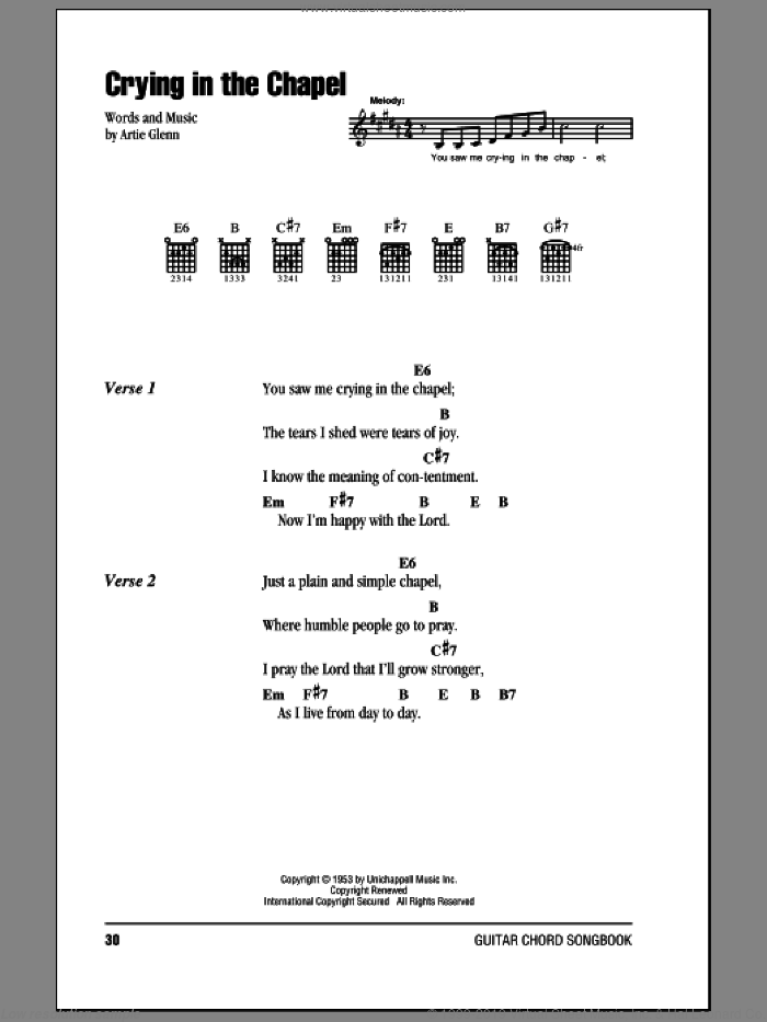 Crying In The Chapel sheet music for guitar (chords) by Elvis Presley and Artie Glenn, intermediate skill level