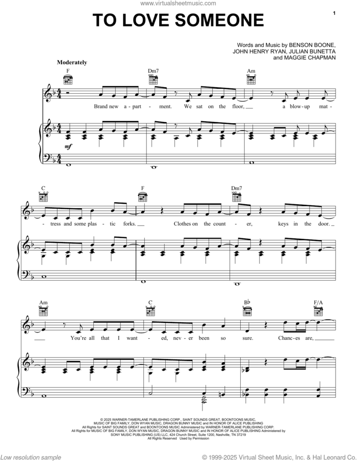 To Love Someone sheet music for voice, piano or guitar by Benson Boone, John Henry Ryan, Julian Bunetta and Maggie Chapman (Mags Duvall), intermediate skill level