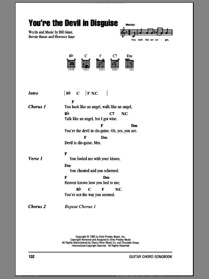 You're The Devil In Disguise sheet music for guitar (chords) by Elvis Presley, Bernie Baum, Bill Giant and Florence Kaye, intermediate skill level